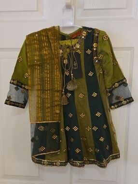 NEW Green Olive Kurta Dress 3pc Tassel Dupatta Toddler 2 To 3 Year Old